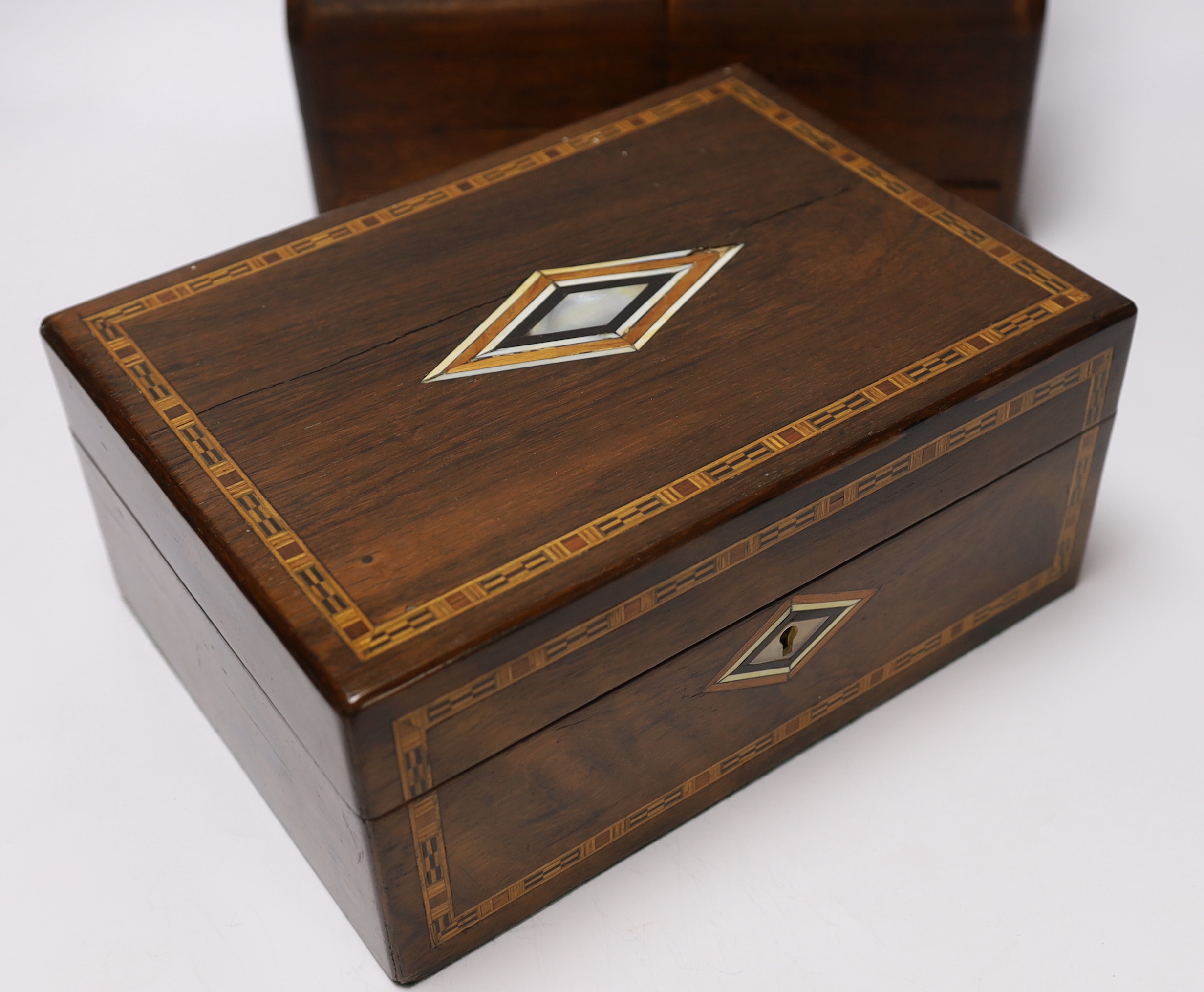 Three boxes; a miniature Polyphon, a stationery box and an inlaid jewellery box, stationery box 26cm high, 32cm wide